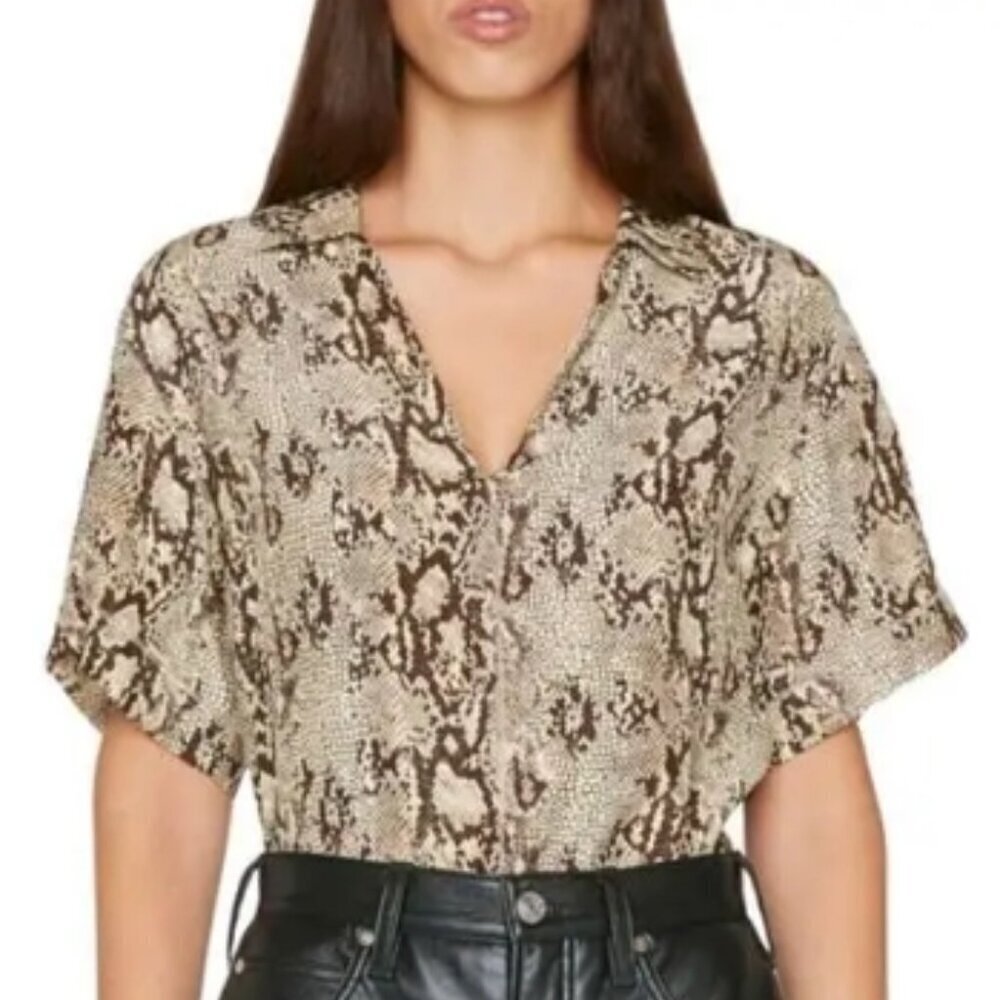 FRAME Snakeskin Print Silk Popover Blouse – Small, Butter Multi (NWT)